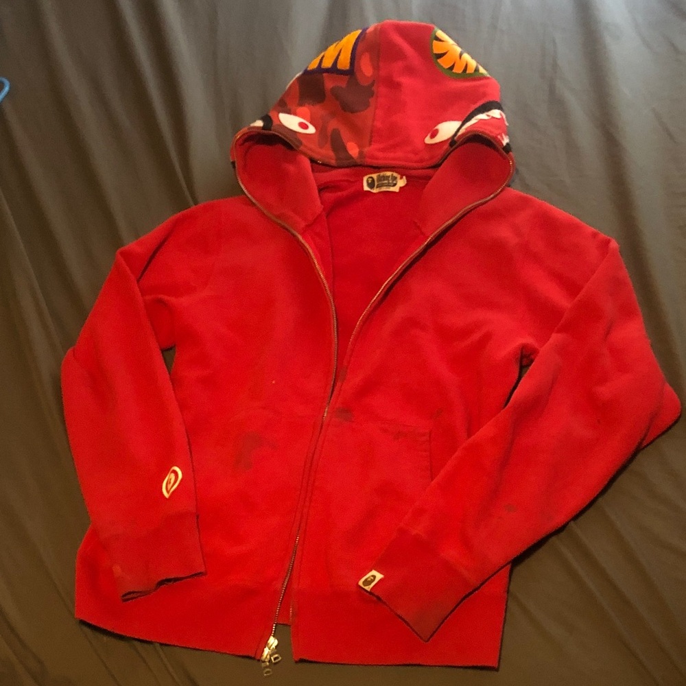 Bape Solid Red Full Zip Shark Hoodie with Graphic Half Camouflage Hood (FLAWED)